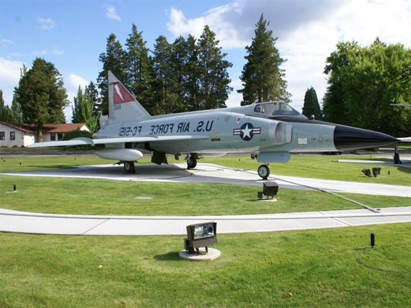 A US Air Force FC-515 fighter plane on display on a lawn